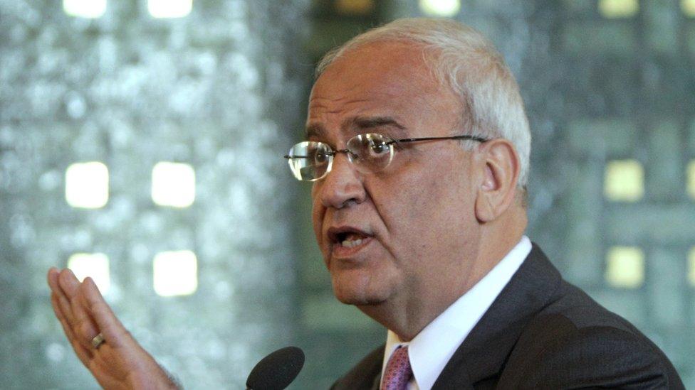 In this Oct. 2, 2011 file photo chief Palestinian negotiator Saeb Erekat, talks during a press conference