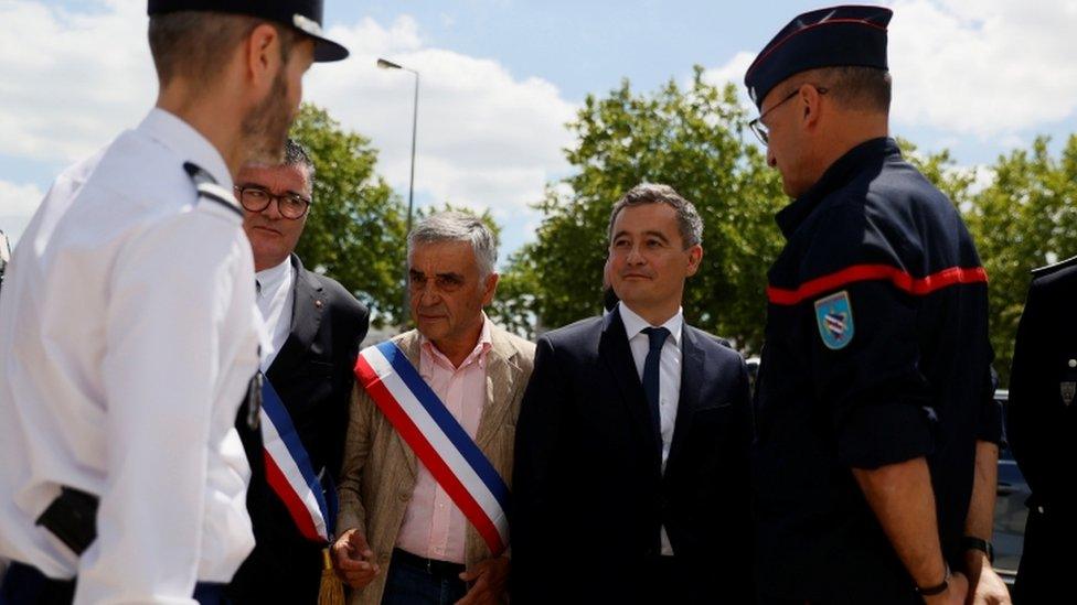 Gérald Darmanin visiting police headquarters outside Paris, Tuesday 7 July