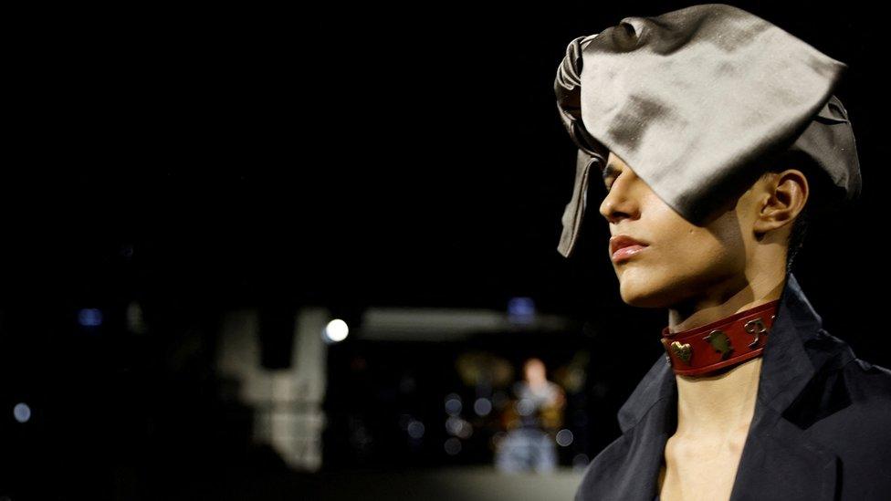 A model presents a creation by designer Andreas Kronthaler as part of his Spring/Summer 2024 Women's ready-to-wear collection show for fashion house Vivienne Westwood, during Paris Fashion Week in Paris, France, September 30, 2023