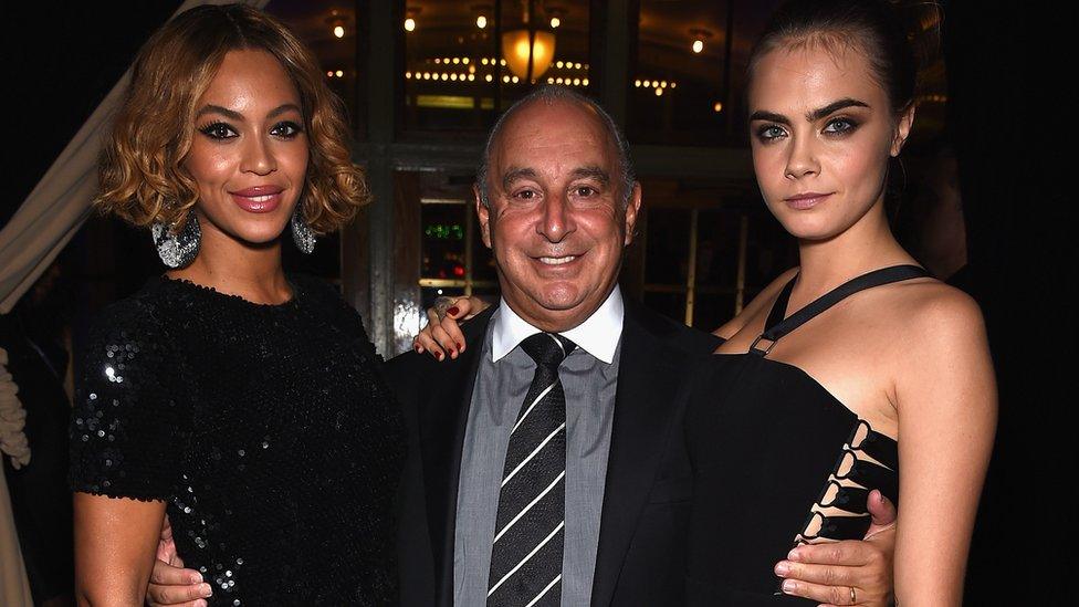 Sir Philip Green with Beyoncé (L) and model, Cara Delevingne