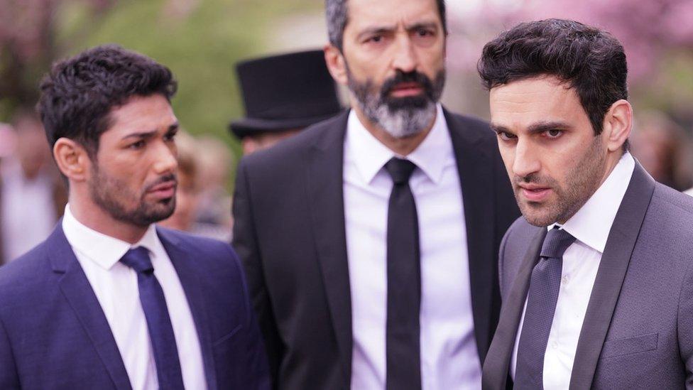 Left-right: Darius Kazemi (Ash Rizi), Umar Kazemi (Selva Rasalingham) and Kush Kazemi (Davood Ghadami)