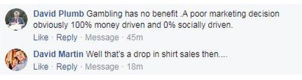 Facebook posts in relation to the shirt sponsor on BBC Radio Suffolk's Facebook page