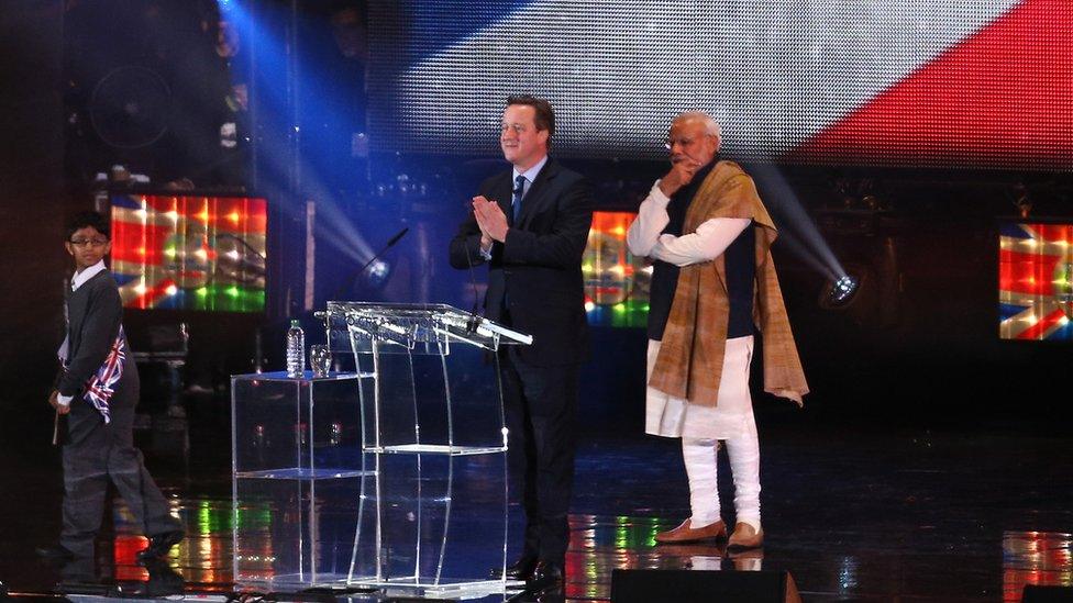 David Cameron and Narendra Modi on stage at Wembley Stadium