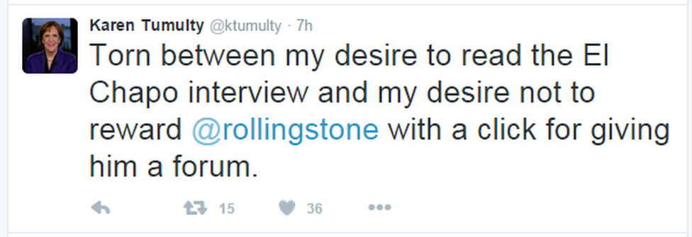 A tweet reads: "Torn between my desire to read the El Chapo interview and my desire not to reward @rollingstone with a click for giving him a forum."