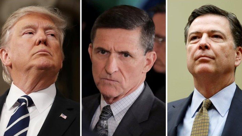 US President Donald Trump (L), former National Security Advisor Michael Flynn (C) and former FBI Director James Comey (F).