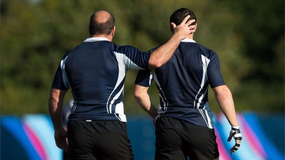 Uruguay's prop Alejo Corral (left) and full-back Gaston Mieres at a team training session in Northampton on 30 September, 2015.