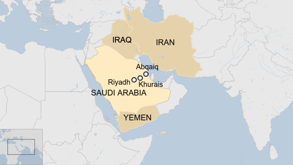 Saudi Arabia with capital Riyadh, the two oil facilities Abqaiq and Khurais, Yemen to the south and Iraq and Iran to the north