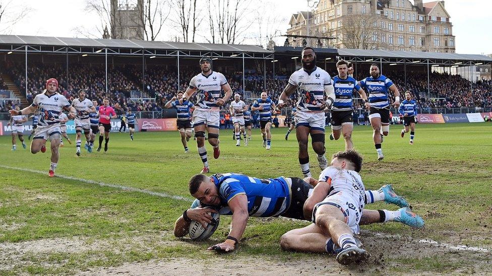 Bath Rugby score try against Bristol Bears at The Recreation Ground