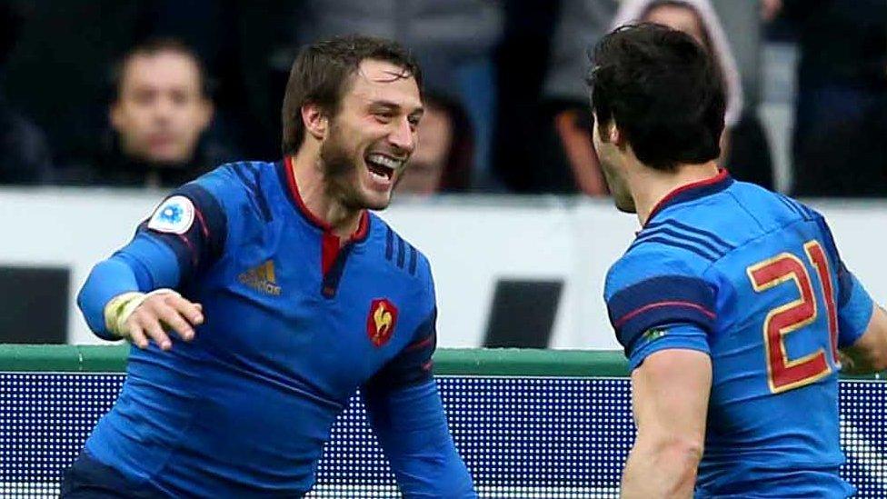 Maxime Medard celebrates his crucial try against Ireland