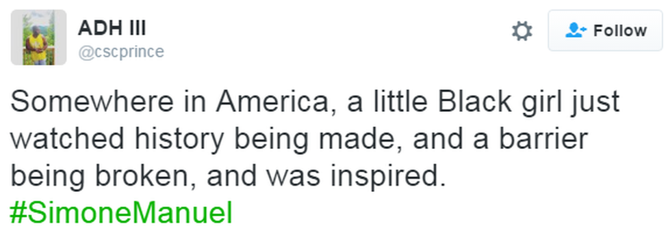 A tweet reads: "Somewhere in America, a little Black girl just watched history being made, and a barrier being broken, and was inspired. #SimoneManuel"