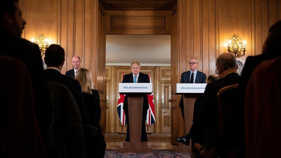 The UK's chief medical officer Professor Chris Whitty, Prime Minister Boris Johnson and chief scientific adviser Patrick Vallance at the daily coronavirus news conference