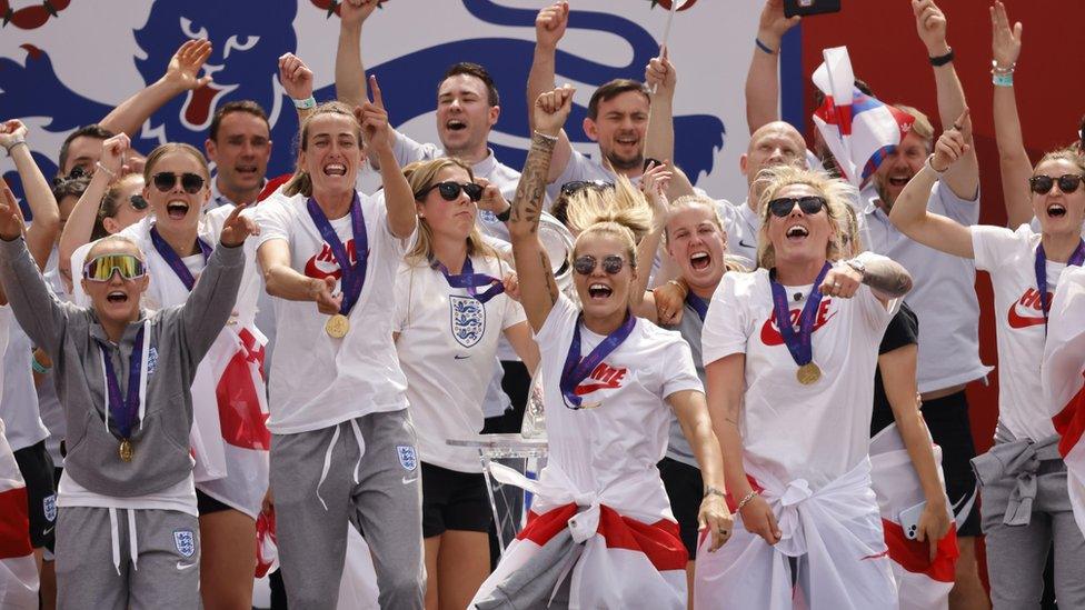 The England Women's football team celebrates their Euro 2022 victory