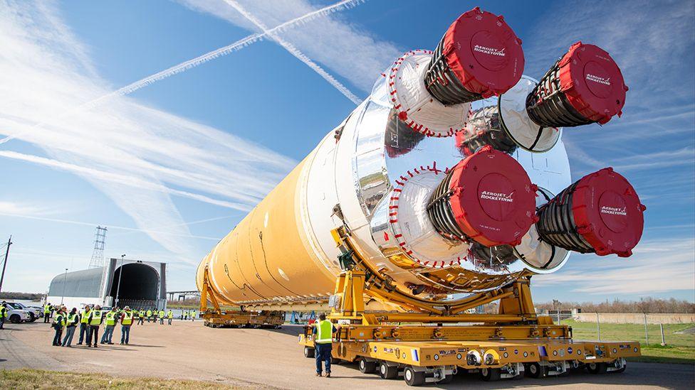 The giant SLS core stage on the move in January from Michoud to Stennis