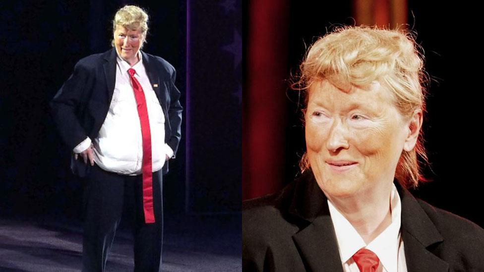 Meryl Streep impersonates Donald Trump by wearing fake tan and a padded belly