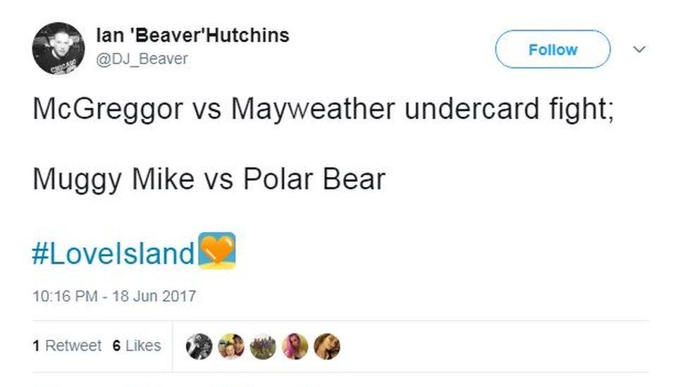 A tweet which reads: "McGreggor vs Mayweather undercard fight: Muggy Mike vs Polar Bear"