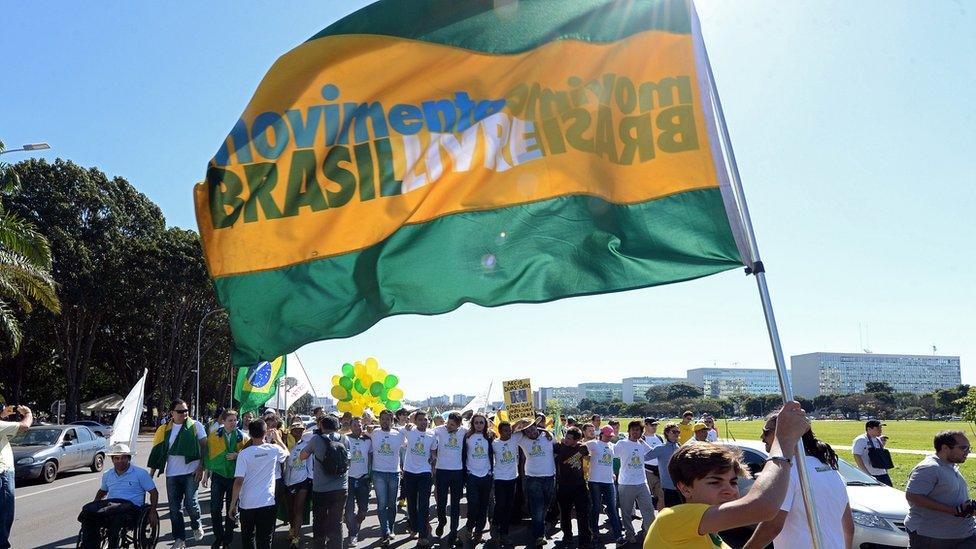 Activists of the Free Brazil Movement (MBL) take part in the March for Freedom in demand of President Dilma Rousseff's impeachment in Brasilia, Brazil on May 27, 2015.