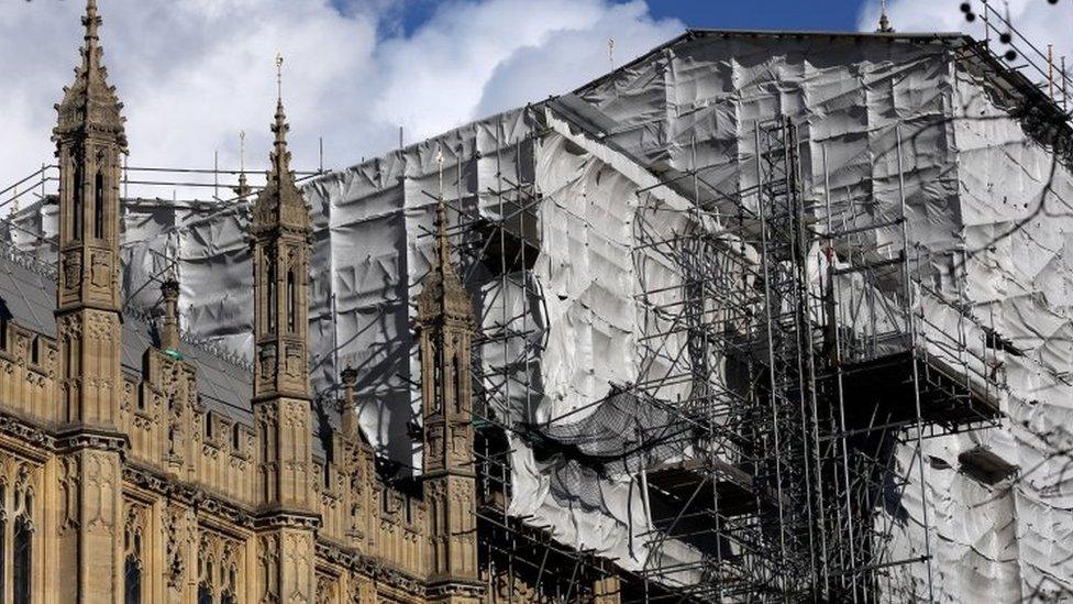 Scaffolding on the Houses of Parliament during building repairs