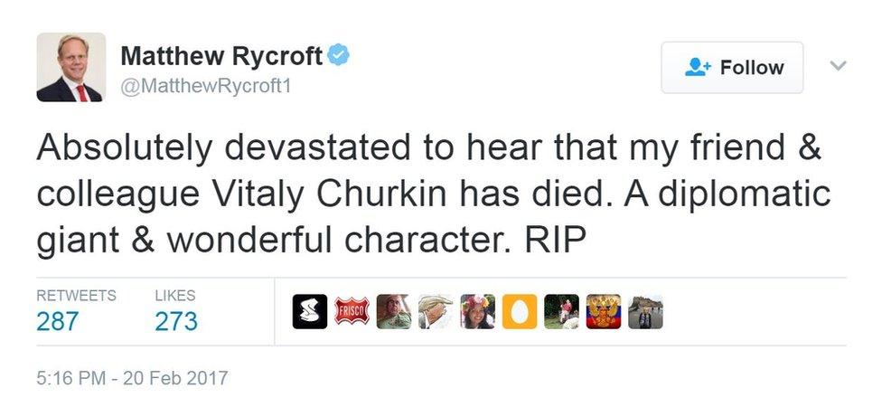 A tweet from Matthew Rycroft saying: "Absolutely devastated to hear that my friend & colleague Vitaly Churkin has died. A diplomatic giant & wonderful character. RIP"