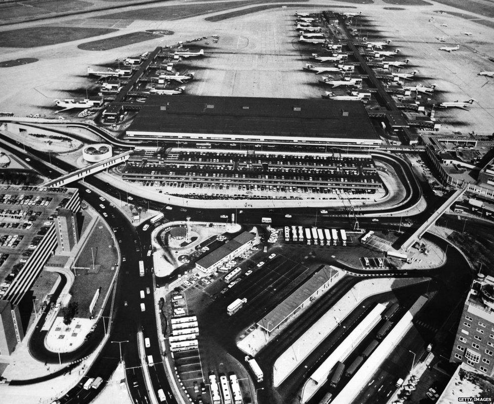 A view of the Clapham Junction at Heathrow Airport in London, England. Circa 1970