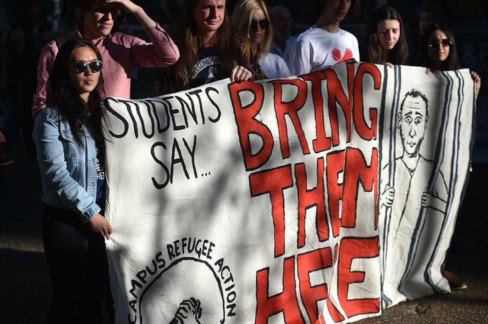 A demonstrators in Sydney earlier this month protest against Australia's detention centre on Nauru