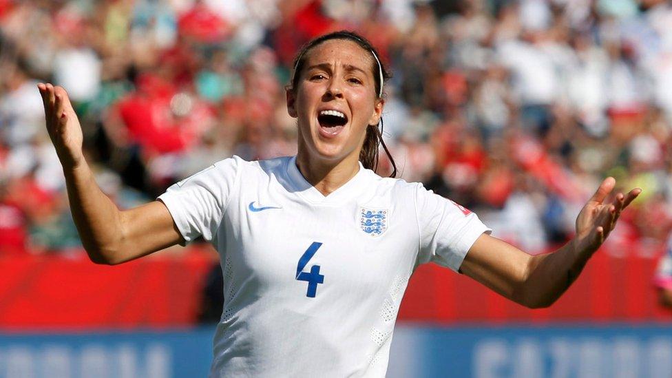 England's Fara Williams celebrates after scoring on a penalty shot against Japan during the first half of a semifinal in the FIFA Women's World Cup soccer tournament, Wednesday, July 1, 2015, in Edmonton, Alberta, Canada.