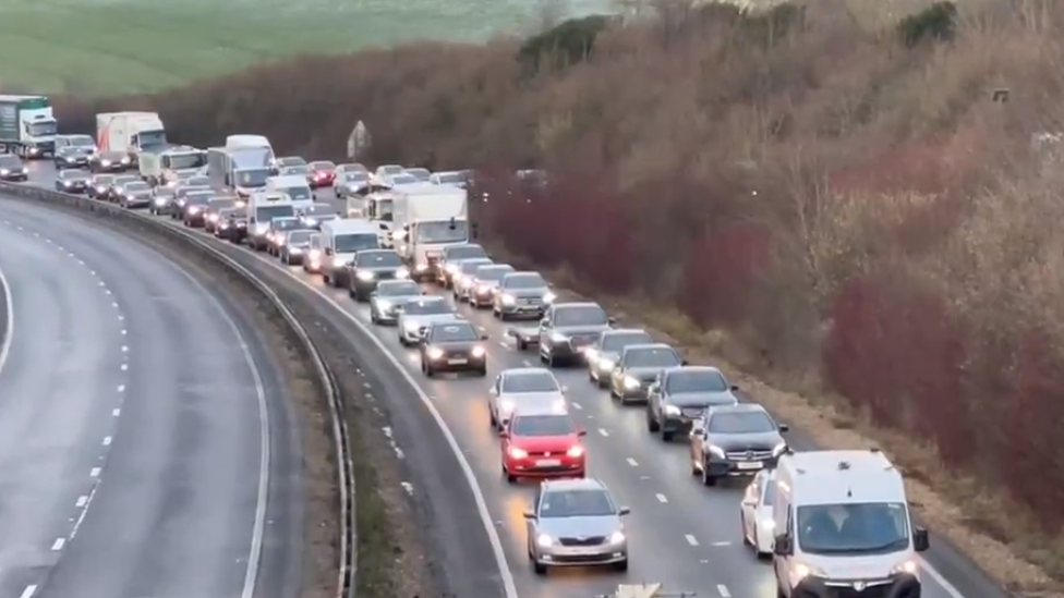 Cars in traffic on the A267 Eastbound following the A27 crash