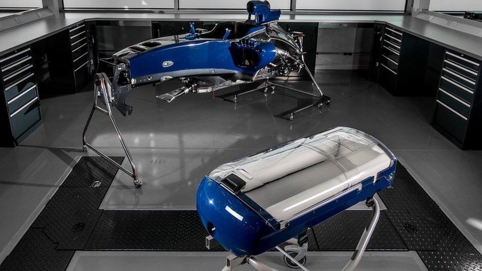 The Williams Babypod 20 infant carrier (foreground) and F1 car body shell (background)