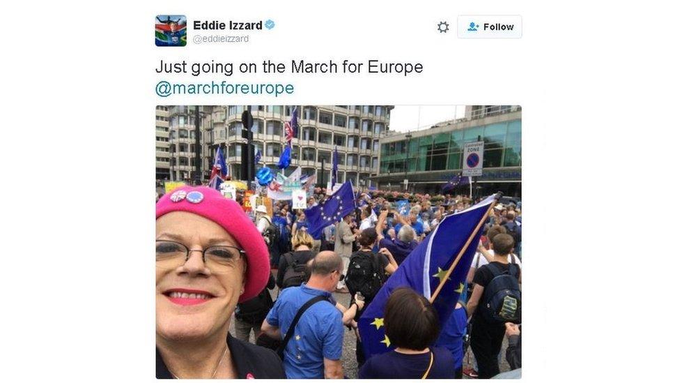 Eddie Izzard twitter picture of himself on the march wearing his trademark pink beret.