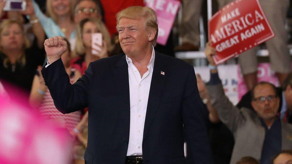 Donald Trump pumps his fist at a rally in Florida.