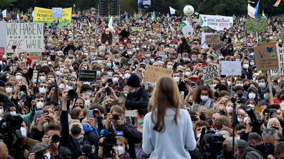 Greta Thunberg speaking to crowd in Berlin.