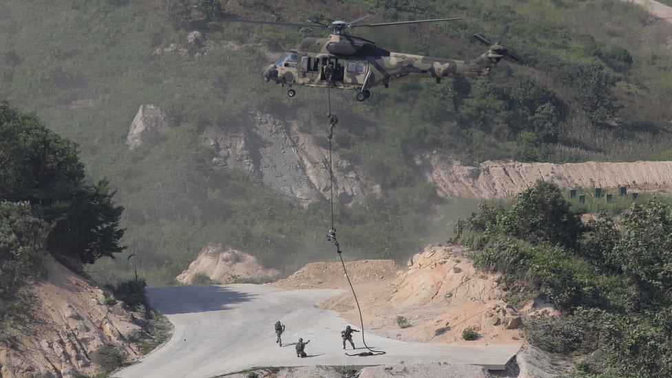 - AUGUST 28: An KUH-1 Surion helicopter hovers during the South Korea and U.S. joint military exercise at the Seungjin firing drill ground on August 28, 2015 in Pocheon, South Korea