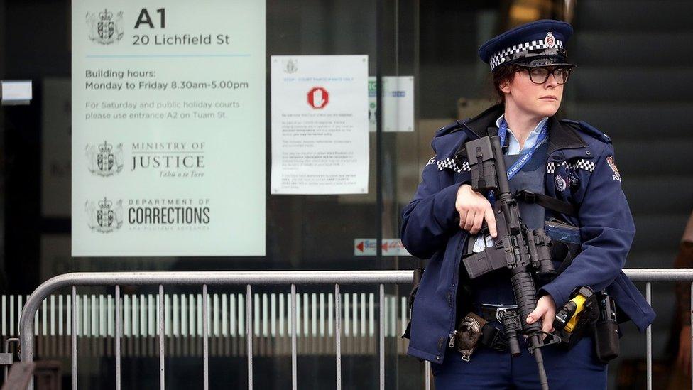 Policewoman outside Christchurch High Court, 24 August 2020