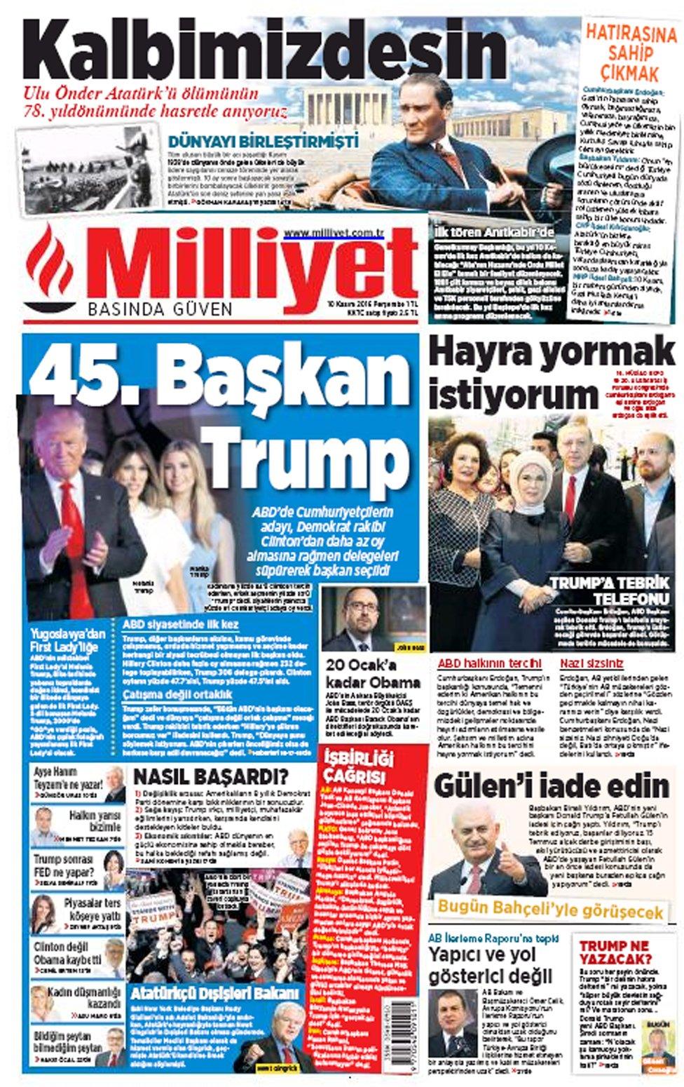 Front cover of Turkish newspaper Milliyet