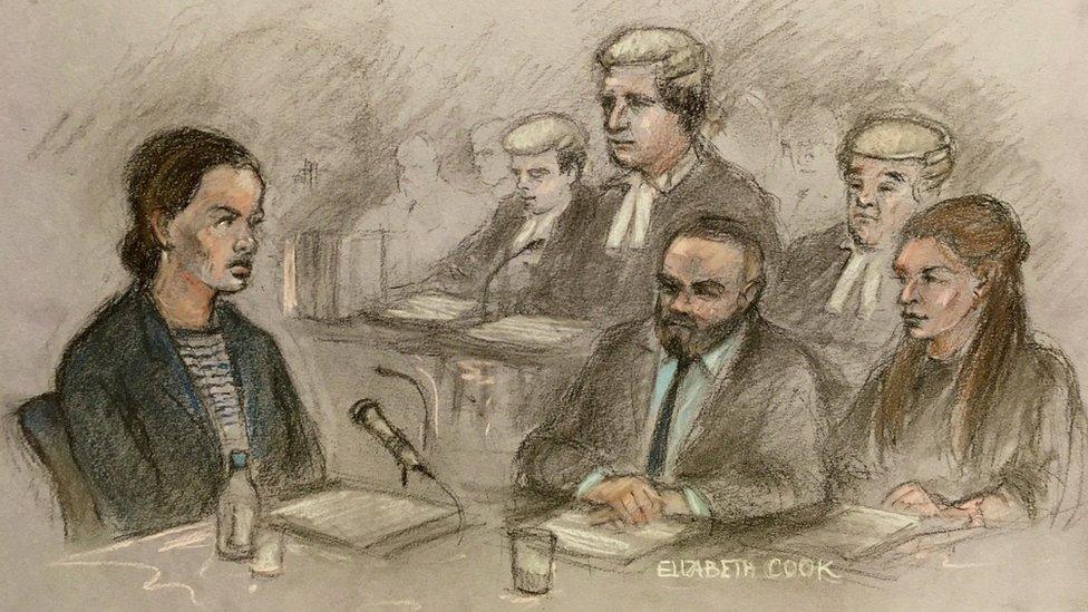 A court sketch shows Mrs Rooney's barrister David Sherborne (back centre) questioning Mrs Vardy (left)