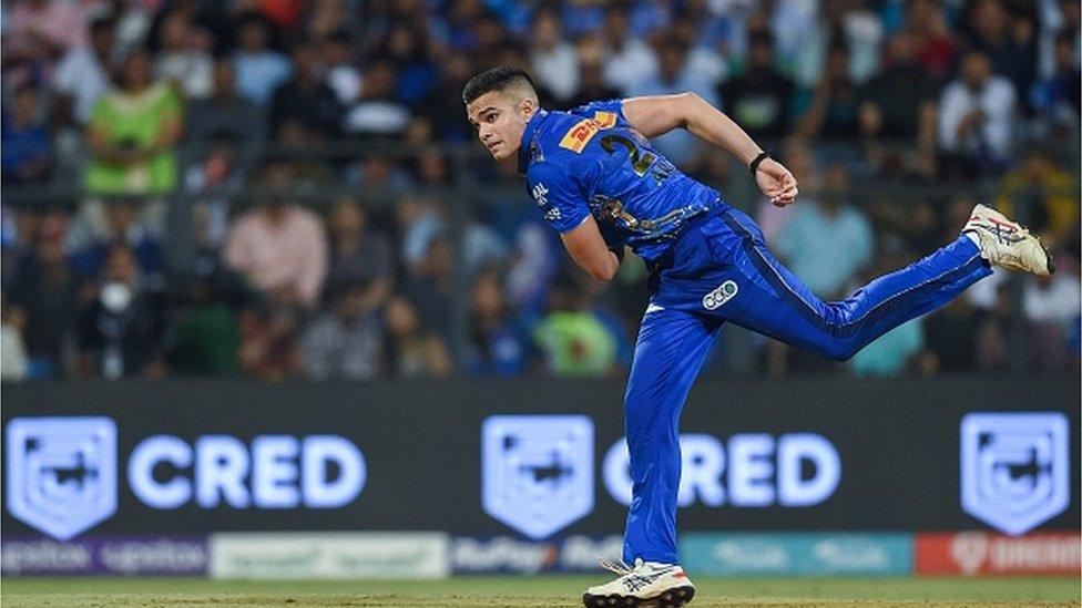 Mumbai Indians' Arjun Tendulkar successfully appeals against Punjab Kings' Prabhsimran Singh (not pictured) during the Indian Premier League (IPL) Twenty20 cricket match between Mumbai Indians and Punjab Kings at the Wankhede Stadium in Mumbai on April 22, 2023