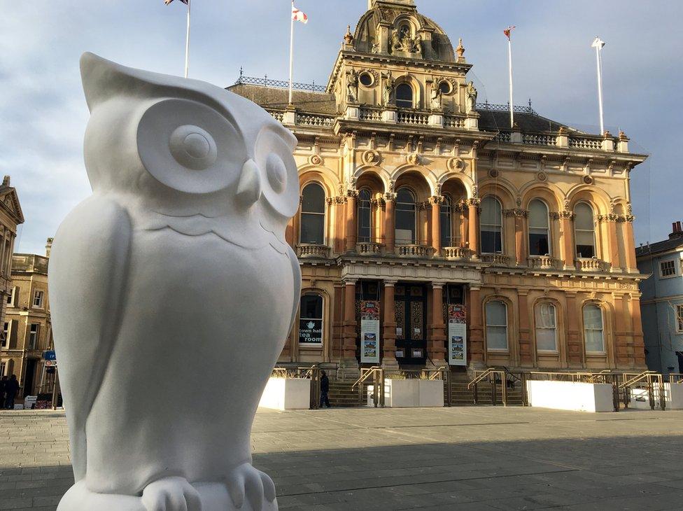 One of the unpainted owls in Ipswich's Cornhill