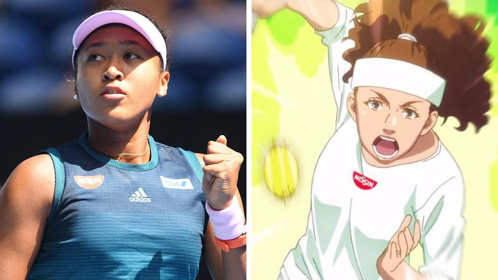 An photo of Naomi Osaka next to the cartoon version