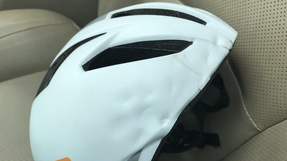 Concrete imprints on Mr Williams' helmet caused by the crash