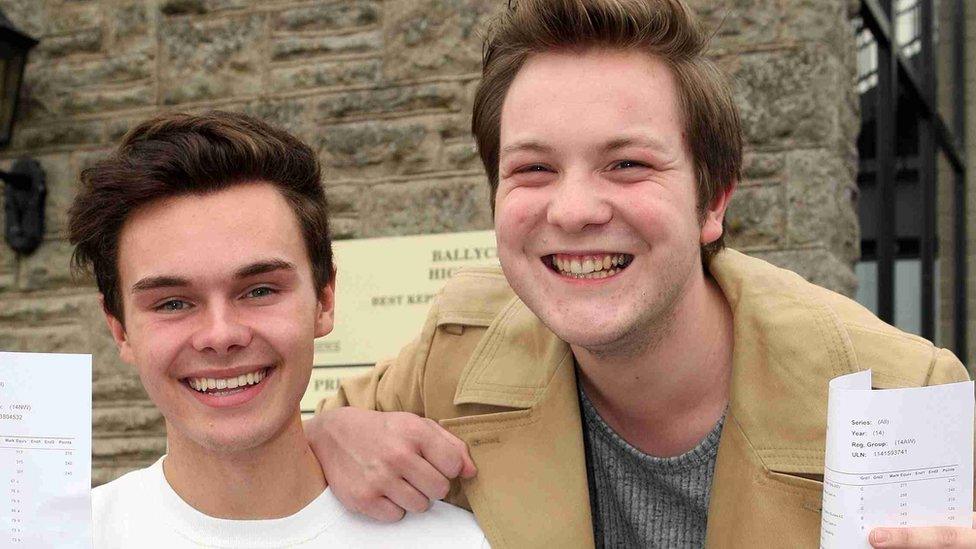 Ballyclare High School pupils Josh Graham and Chris McNeilly celebrate their results