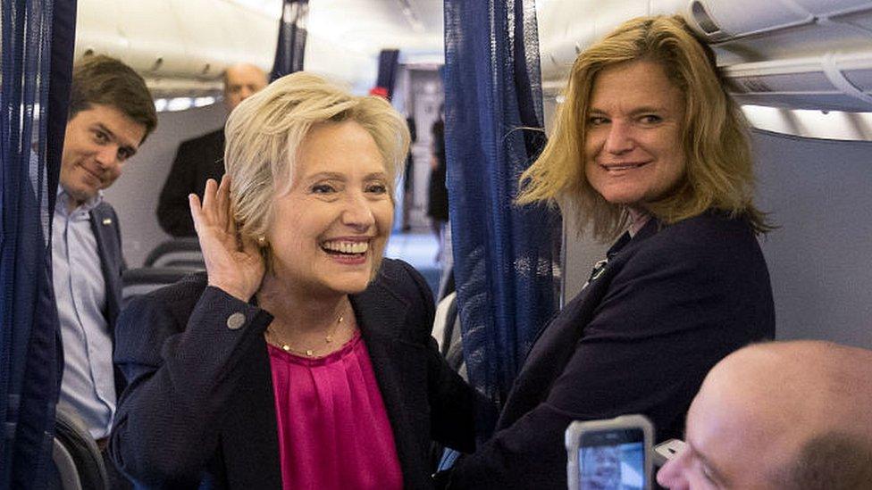 Hillary Clinton and director of communications Jennifer Palmieri, right, on campaign plane at Westchester County Airport in Westchester, NY. 6 Sept 2016