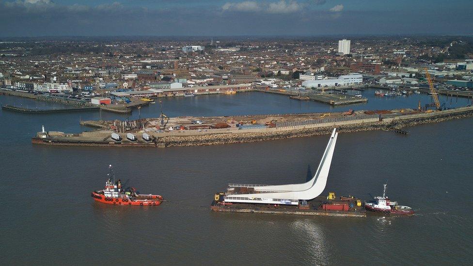 The bascule span of the Gull Wing Bridge arriving at Lake Lothing in Lowestoft