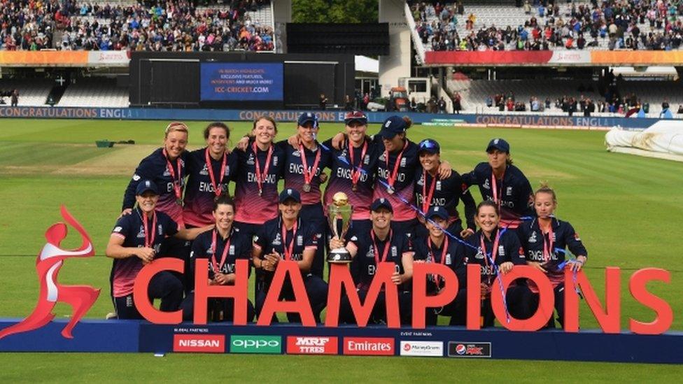 England celebrate after winning the ICC Women"s World Cup 2017 Final between England and India at Lord"s Cricket Ground on July 23, 2017 in London, England