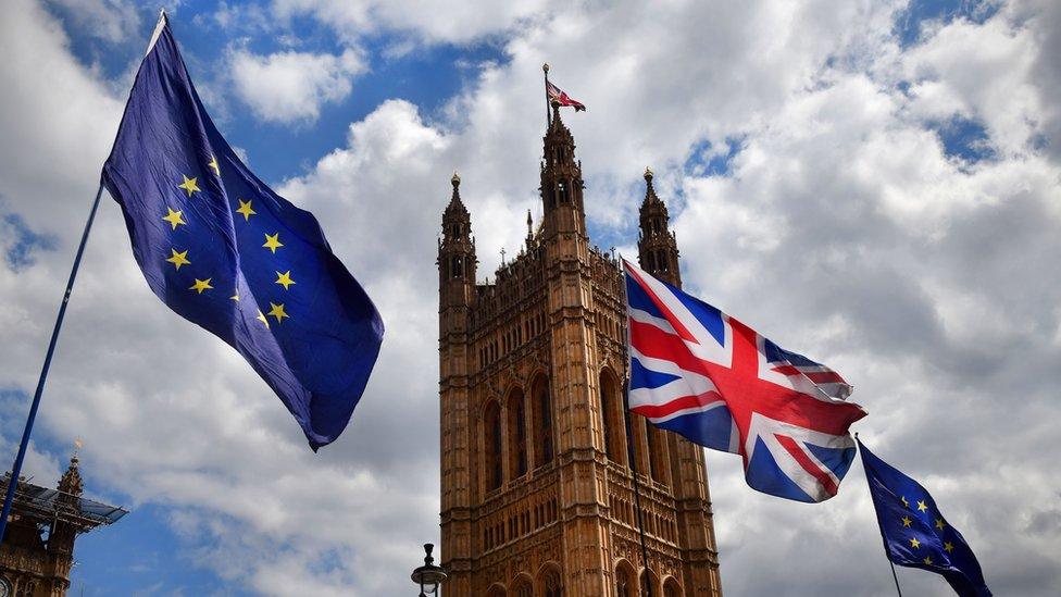 EU and UK flags outside British Parliament