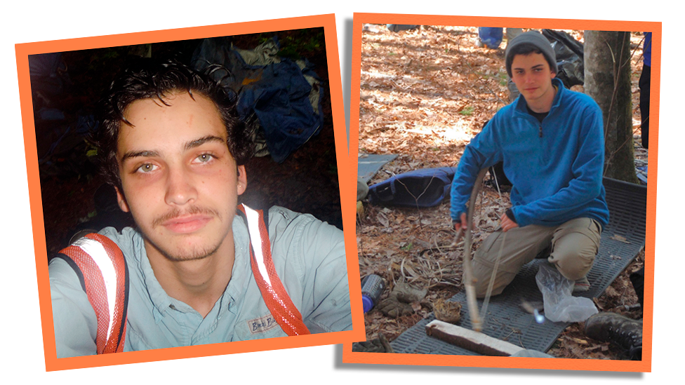 Side by side collage photographs showing Daniel in a wilderness programme aged 15