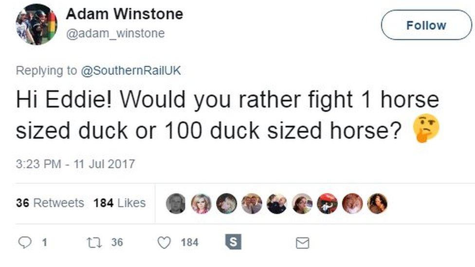 Hi Eddie! Would you rather fight 1 horse sized duck or 100 duck sized horse?