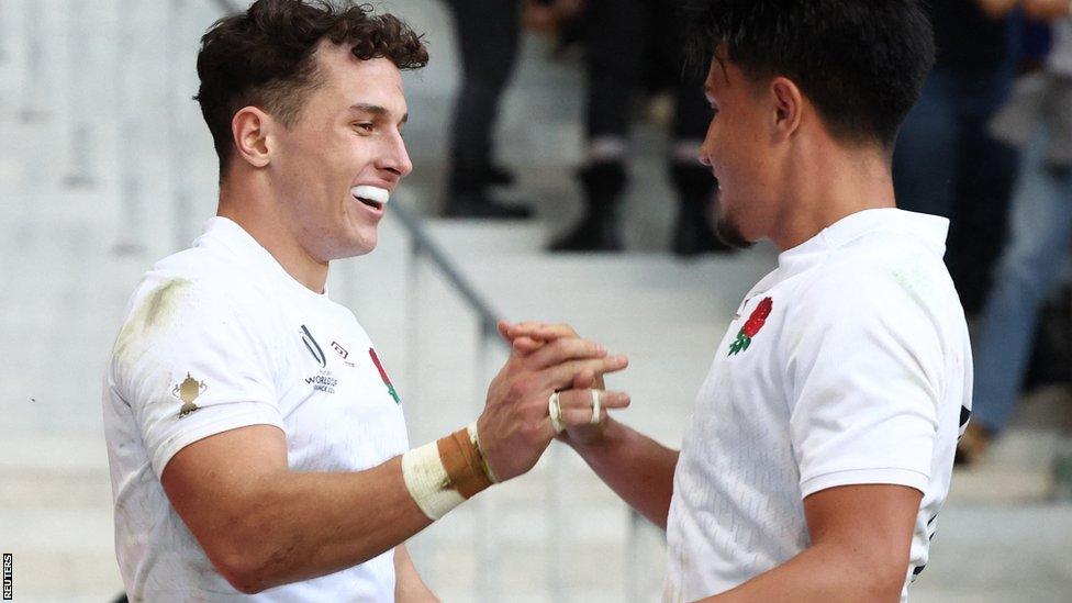 Henry Arundell and Marcus Smith celebrate an England try