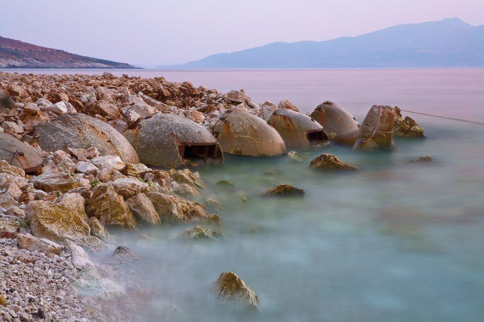 Bunkers in Albania next to a lake