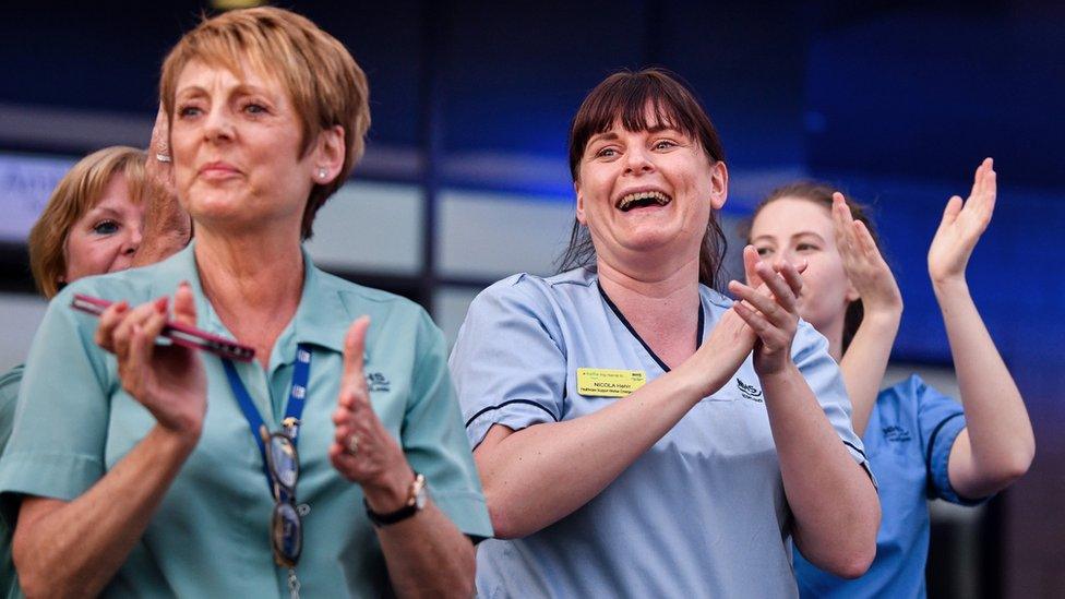 NHS staff at the Queen Elizabeth Hospital participate in the Clap for Carers