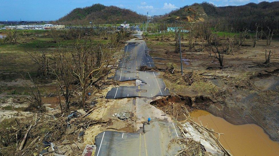 A man rides his bicycle through a damaged road in Toa Alta, west of San Juan, Puerto Rico, on September 24, 2017 following the passage of Hurricane Maria.