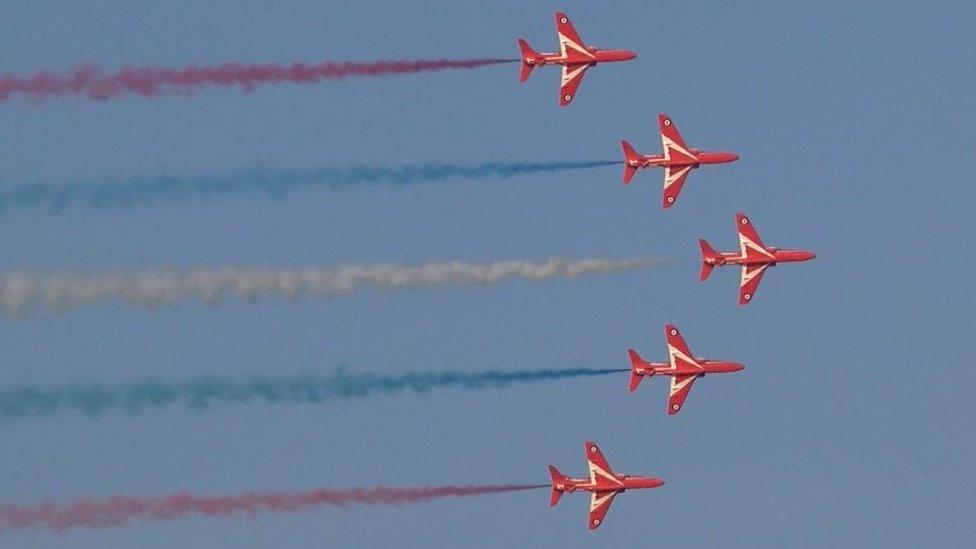 Red Arrows performing over Douglas Bay